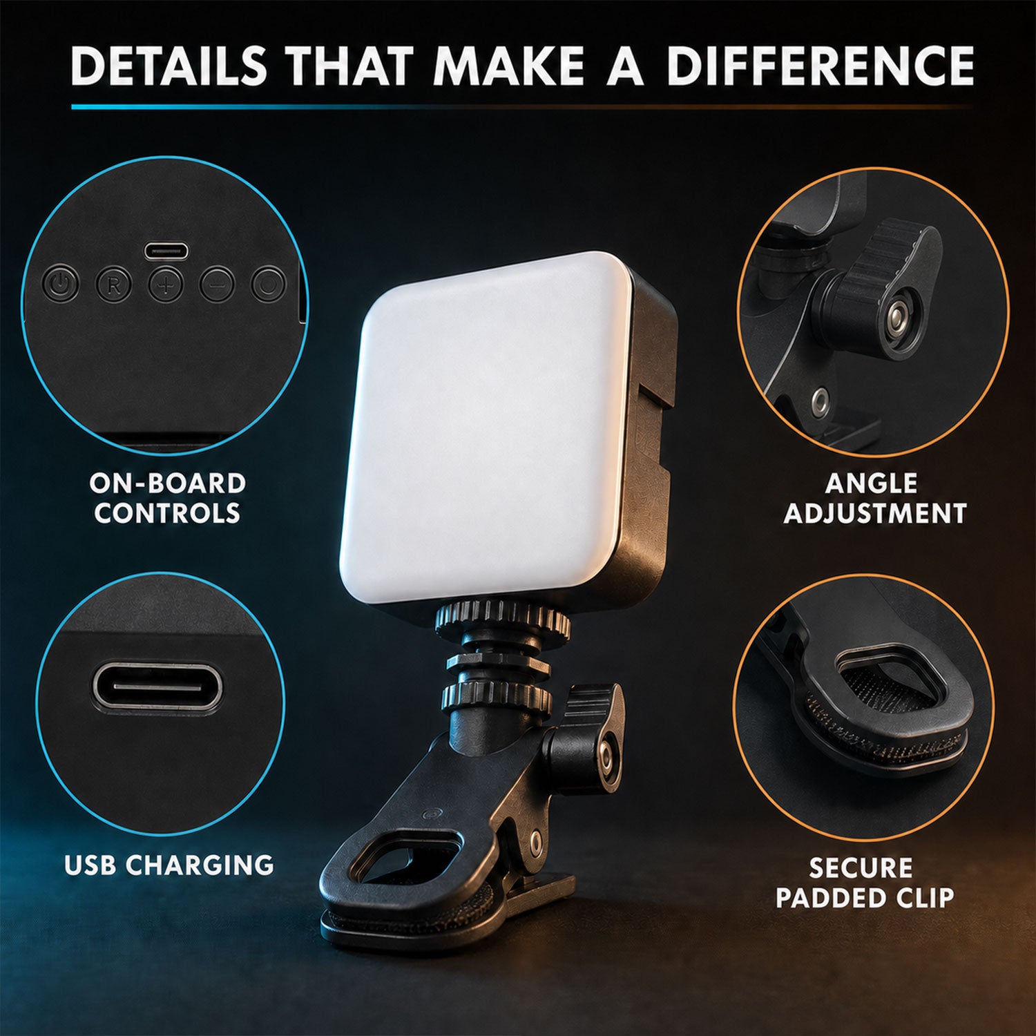 Portable LED camera light control and mounting details
