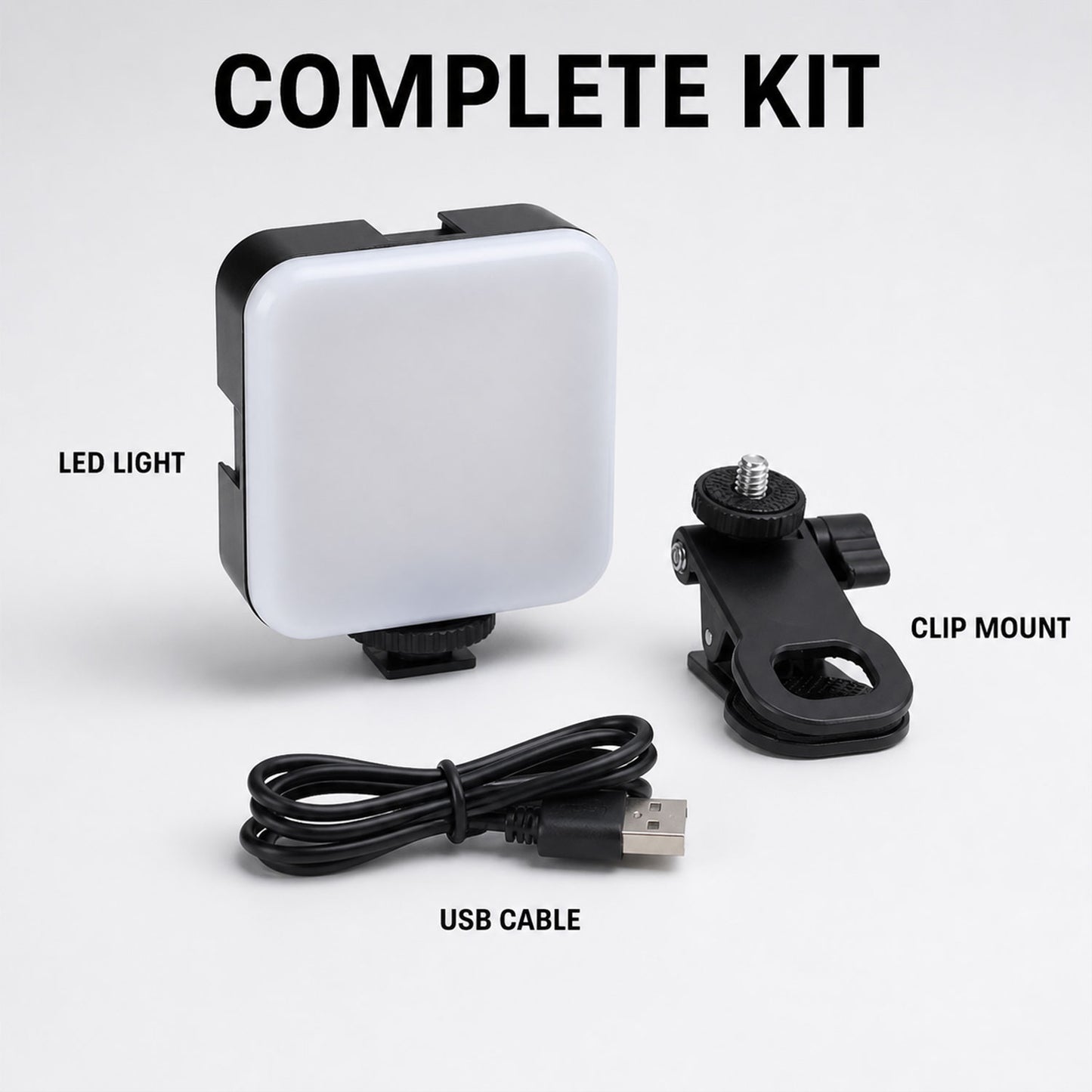 Camera light complete kit with clip mount and USB cable
