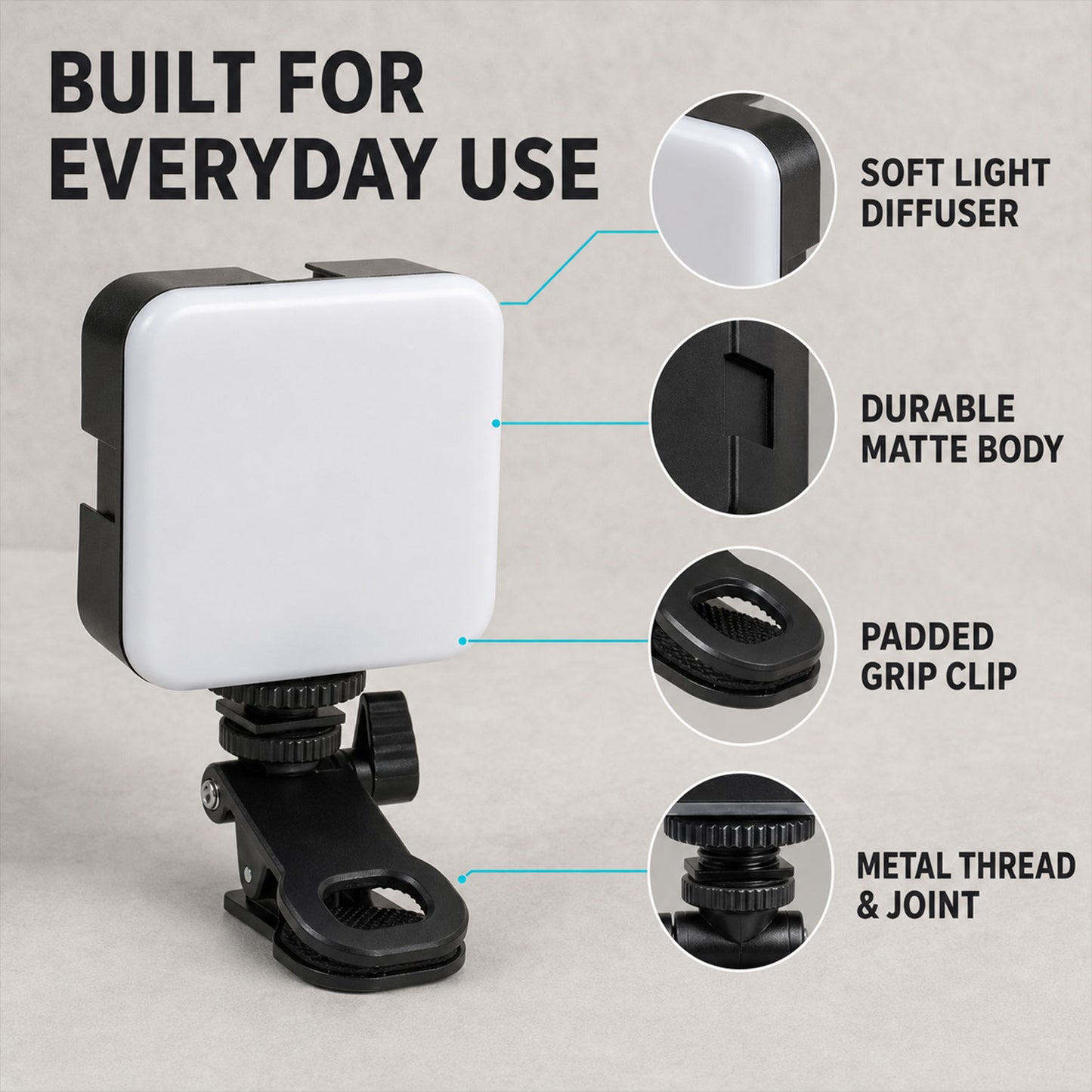 Camera light diffuser body and padded clip features