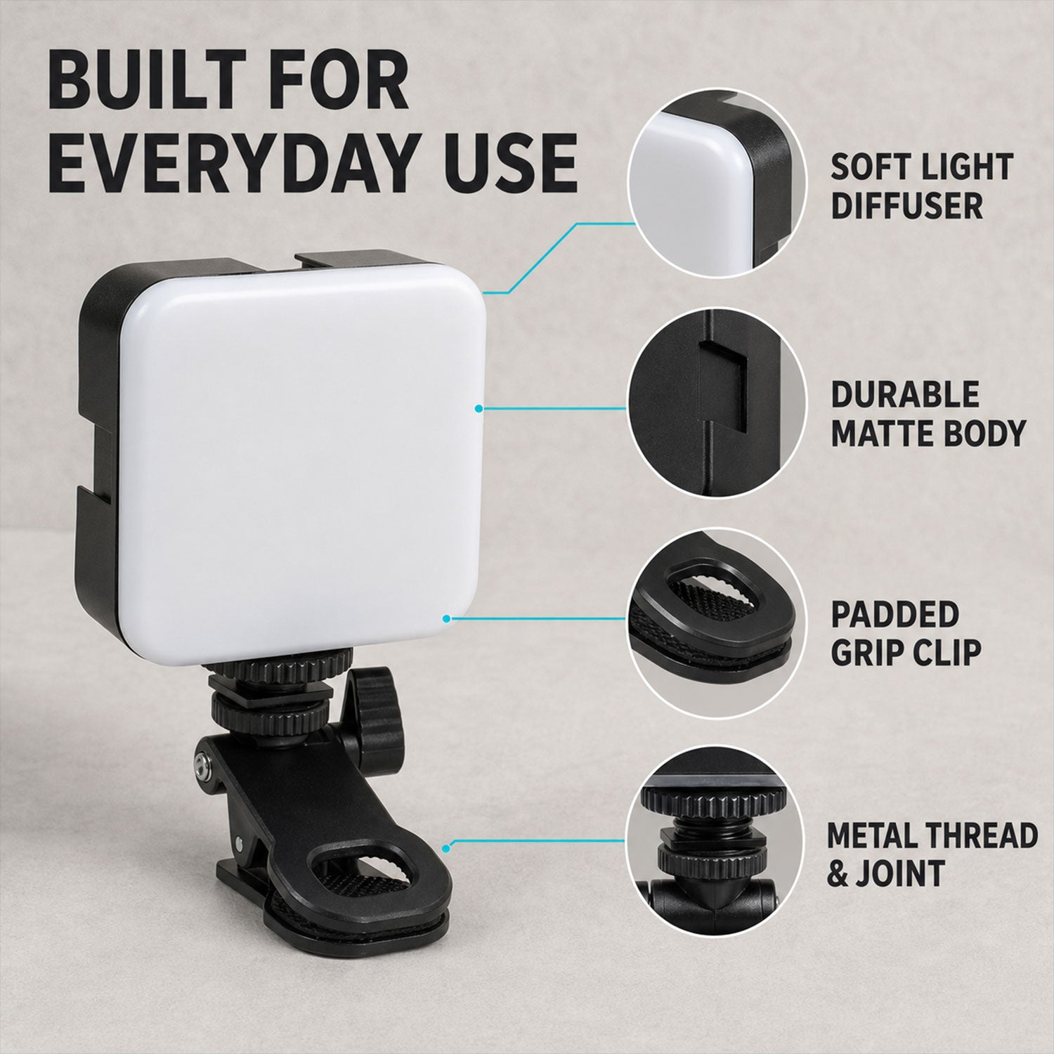 Camera light diffuser body and padded clip features