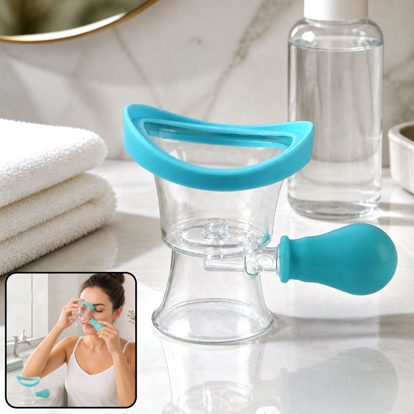 Manual air pressure eye cleaning cup with soft eye contour rim