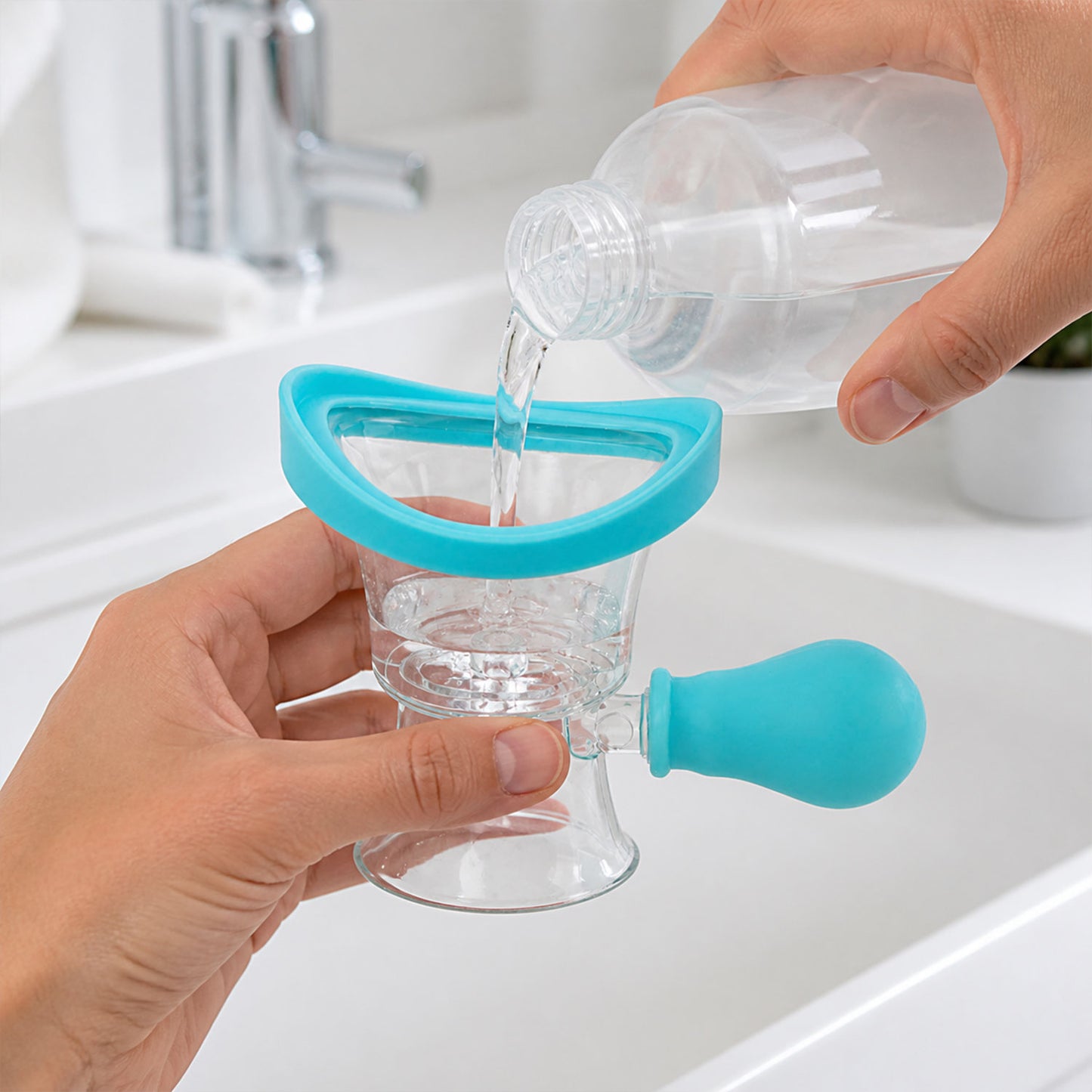 Manual eye cleaning cup filling demonstration
