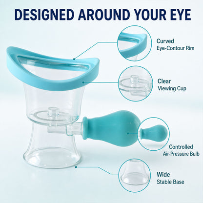 Eye wash cup features and air pressure bulb