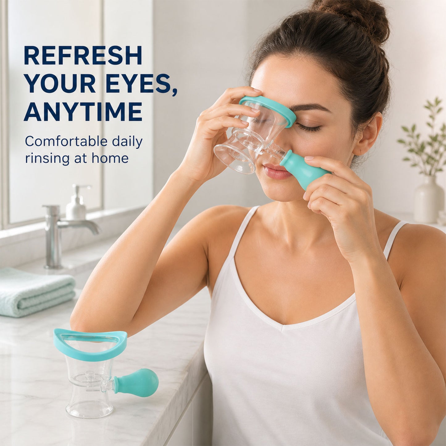 Manual eye rinse cup use at home