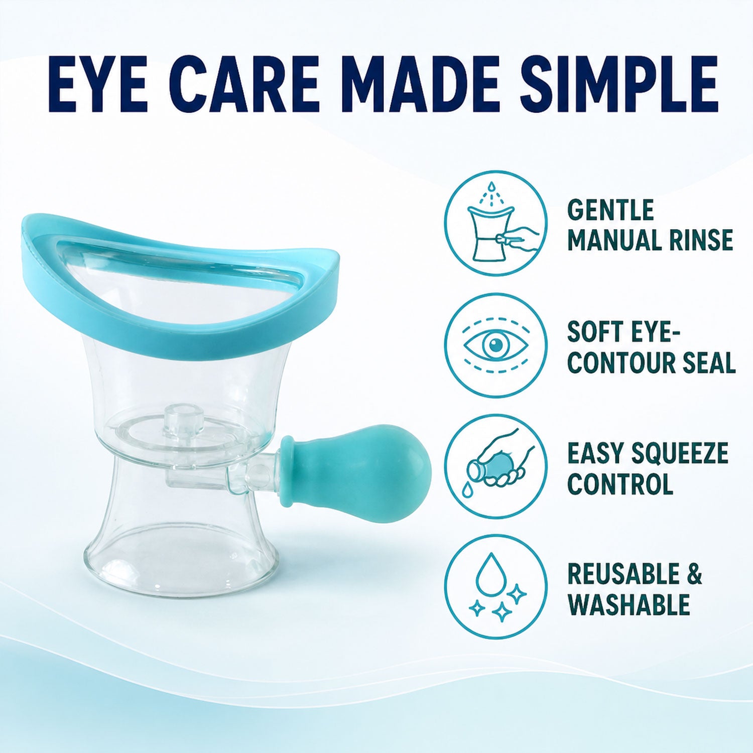Reusable manual eye rinse cup features