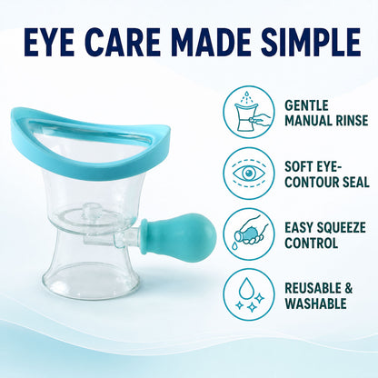 Reusable manual eye rinse cup features