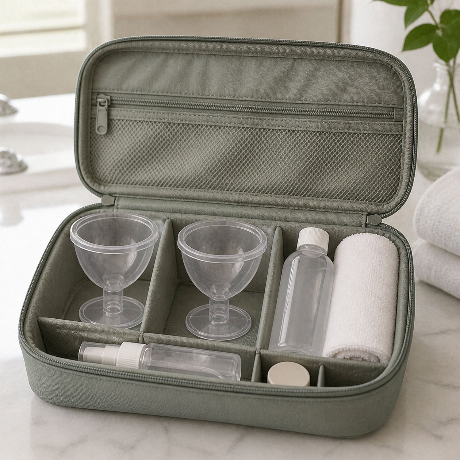 Transparent eye wash cups stored in travel organizer