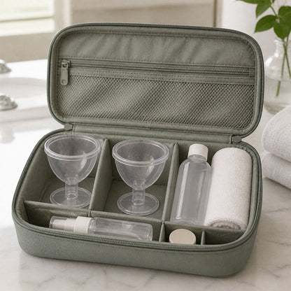 Transparent eye wash cups stored in travel organizer