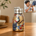 Stainless Steel Vacuum Water Bottle with Peacock Print and Carry Ring for School