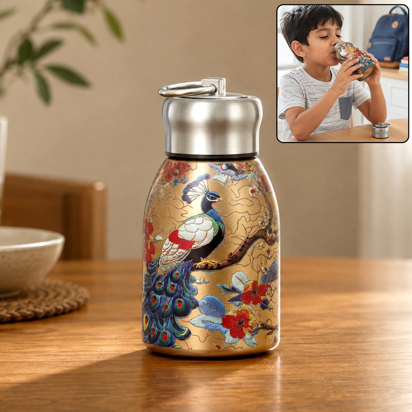 Stainless steel vacuum bottle peacock design lifestyle view