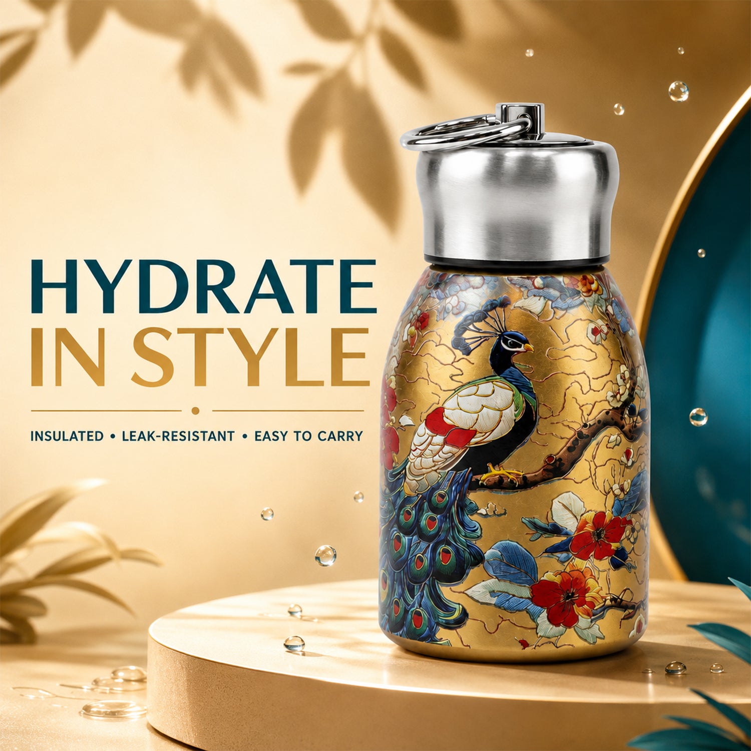 Insulated peacock design water bottle feature image