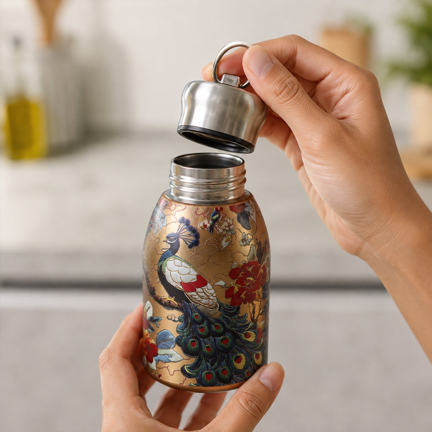 Wide mouth stainless steel vacuum bottle detail