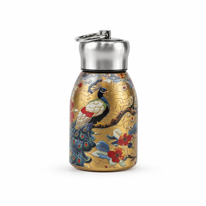 Peacock design stainless steel bottle on white background