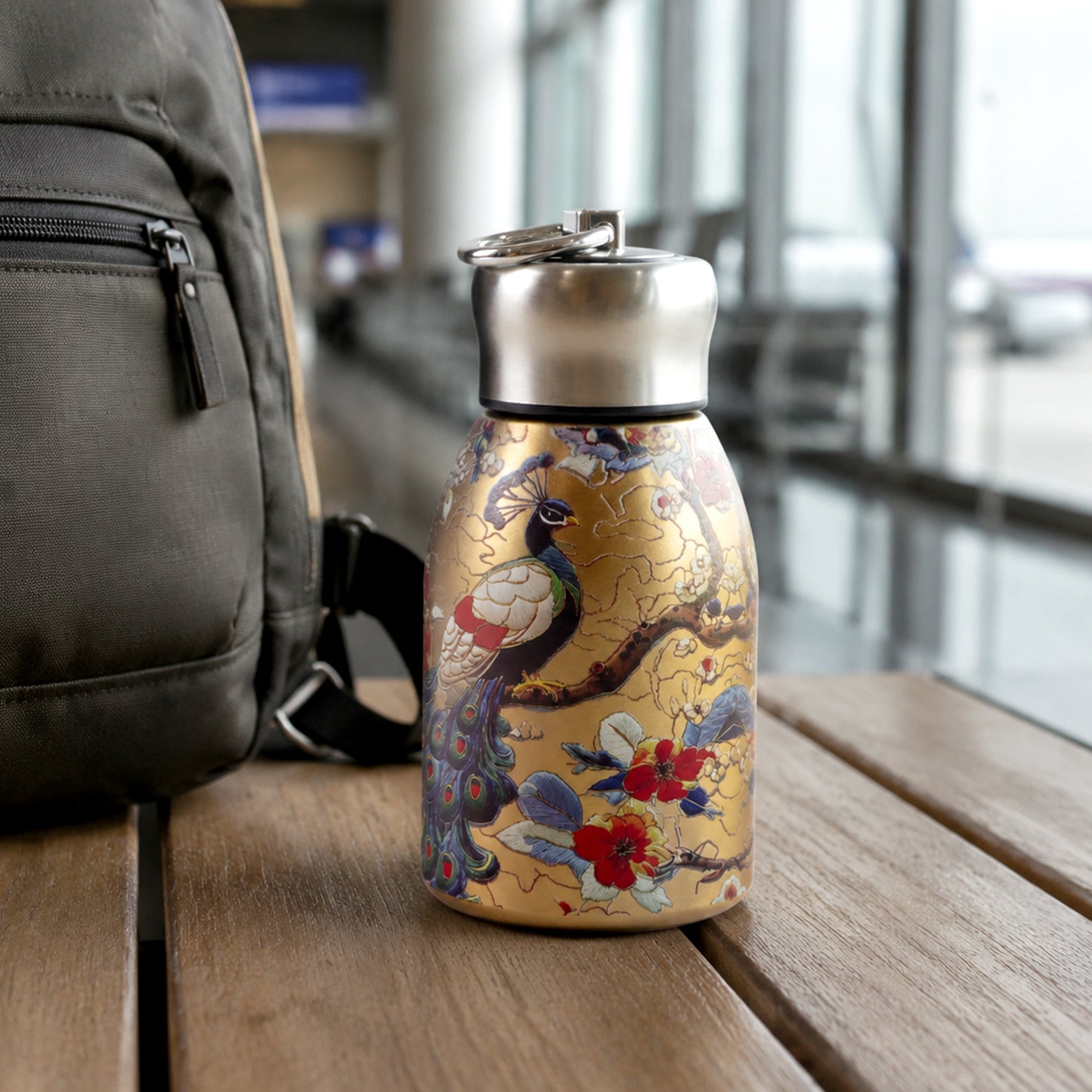 Portable peacock print vacuum bottle travel view
