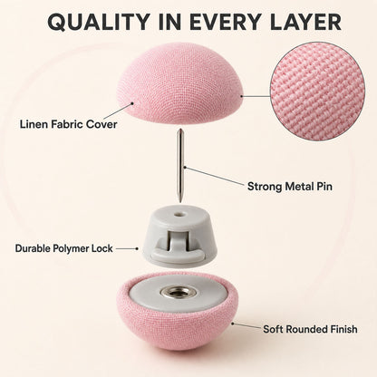 Duvet button components with fabric cover, pin and locking base