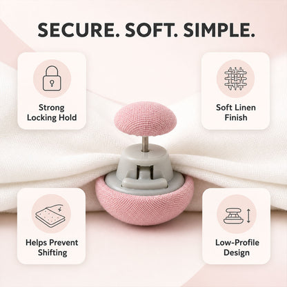 Soft duvet button with secure locking hold and low profile design