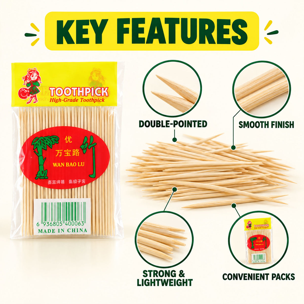 Double-pointed wooden toothpicks key features
