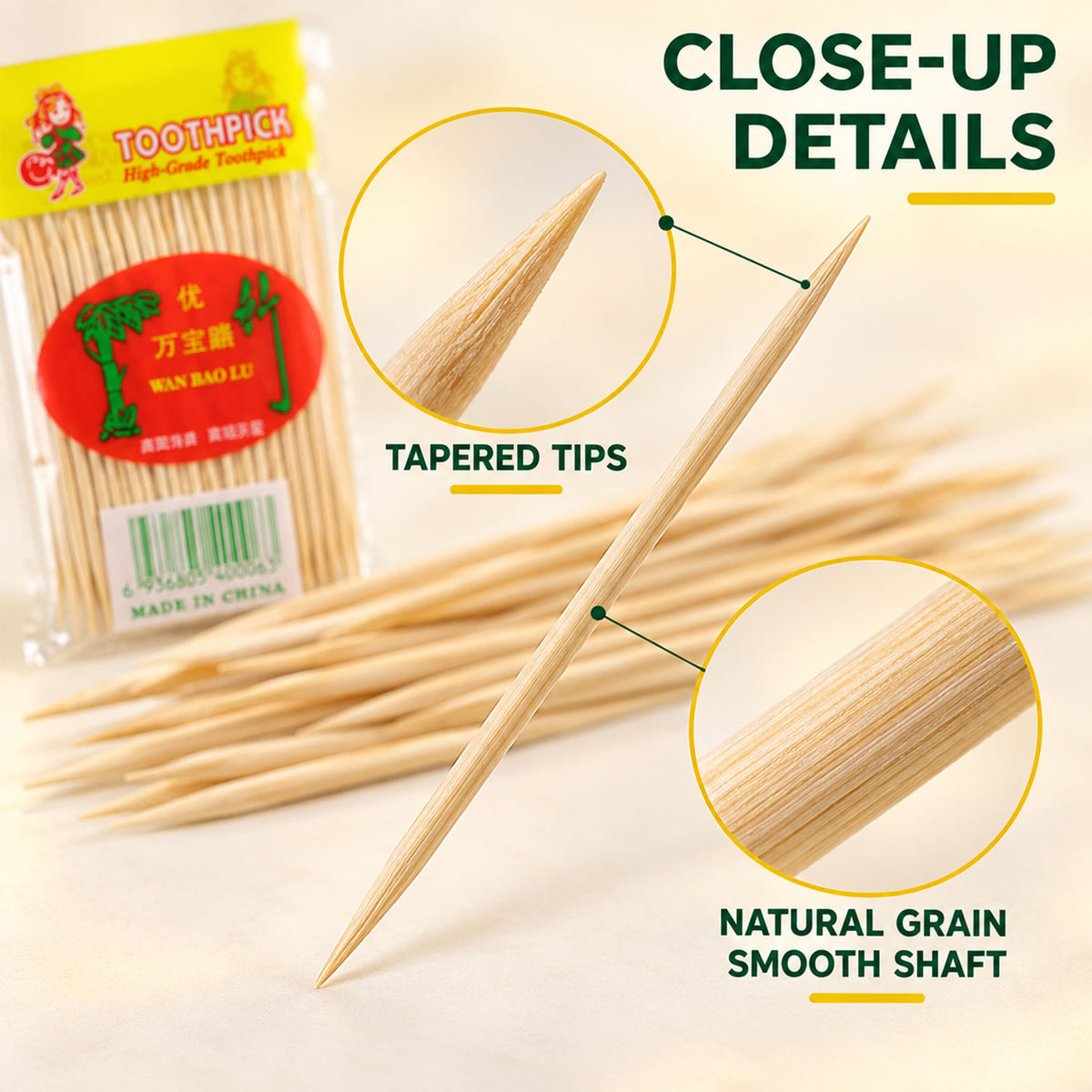 Wooden toothpicks close-up details