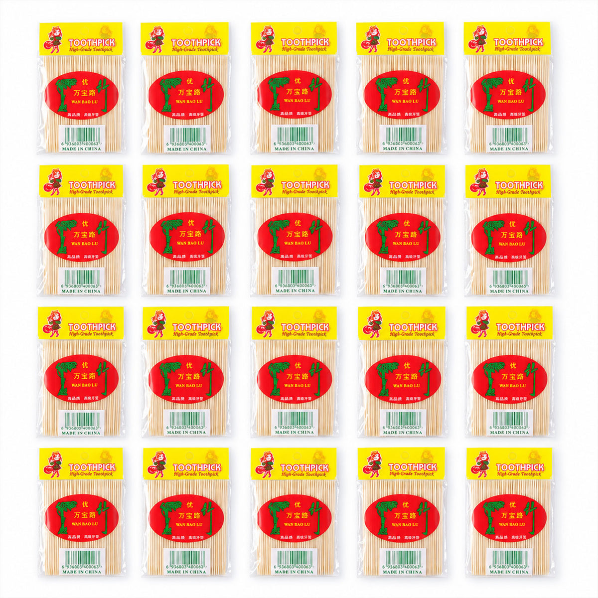 Twenty wooden toothpick packets on white background