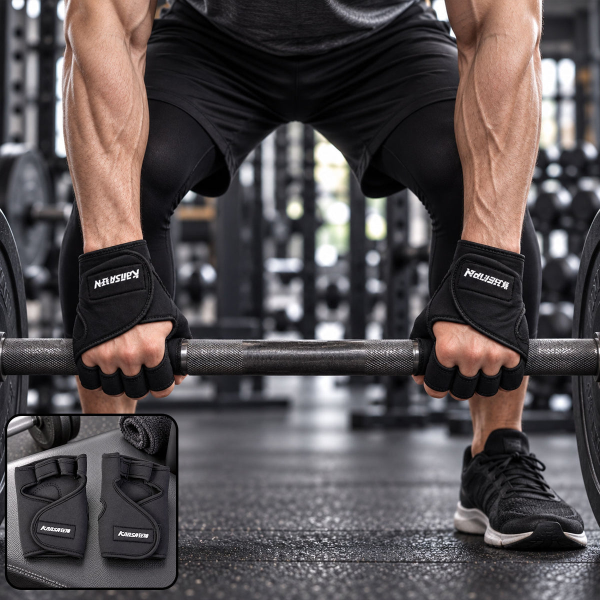 Half finger gym gloves used while holding a barbell