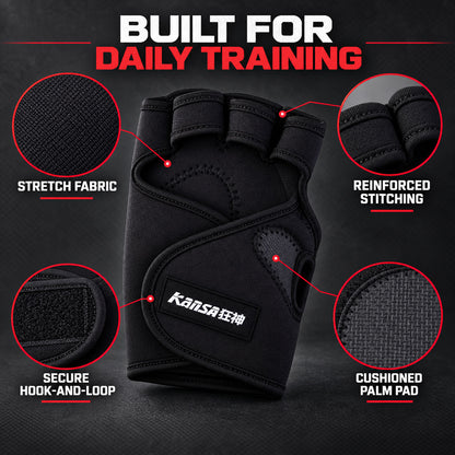 Stretch fabric hook-and-loop closure and padded palm details