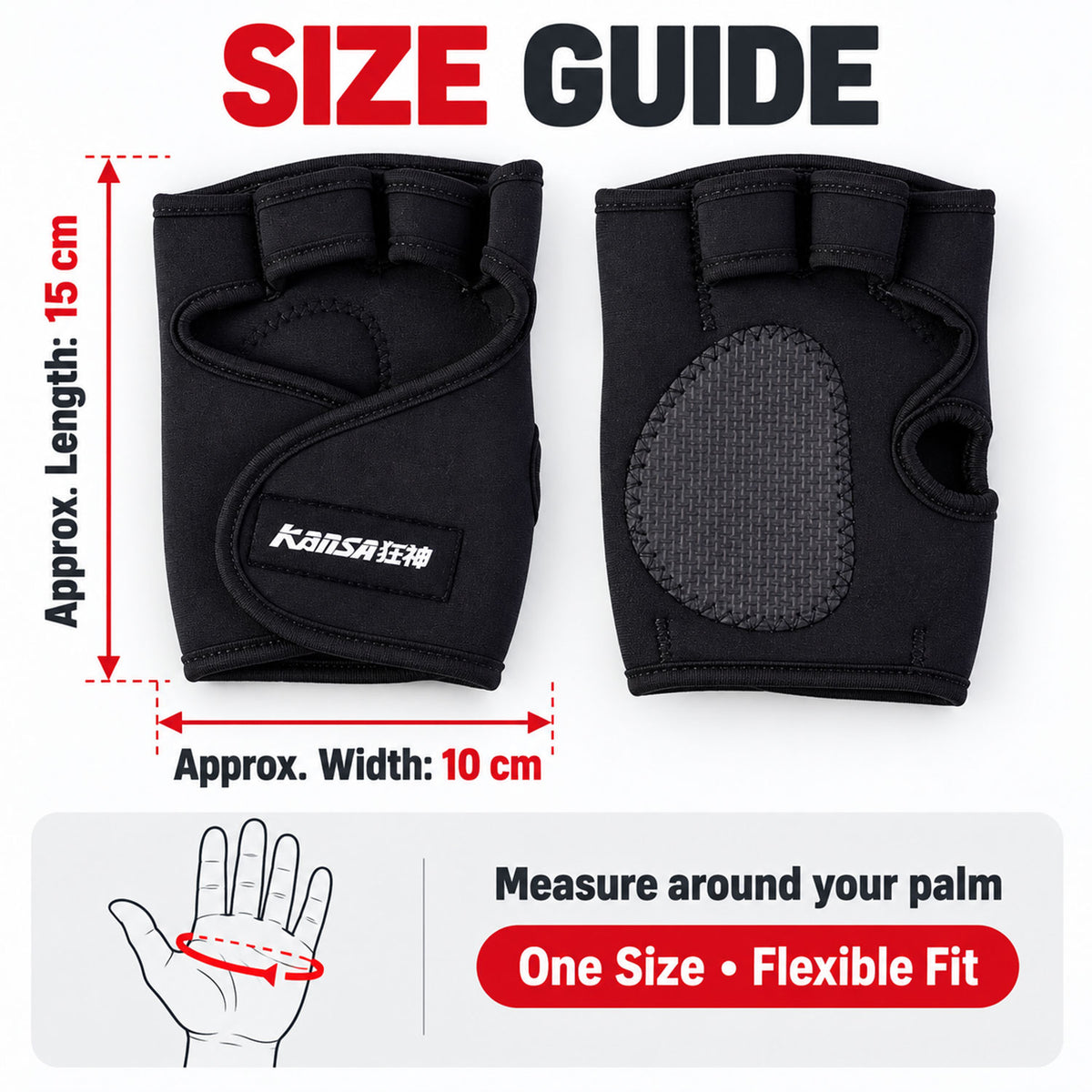 Glove size guide with approximate length 15 cm and width 10 cm