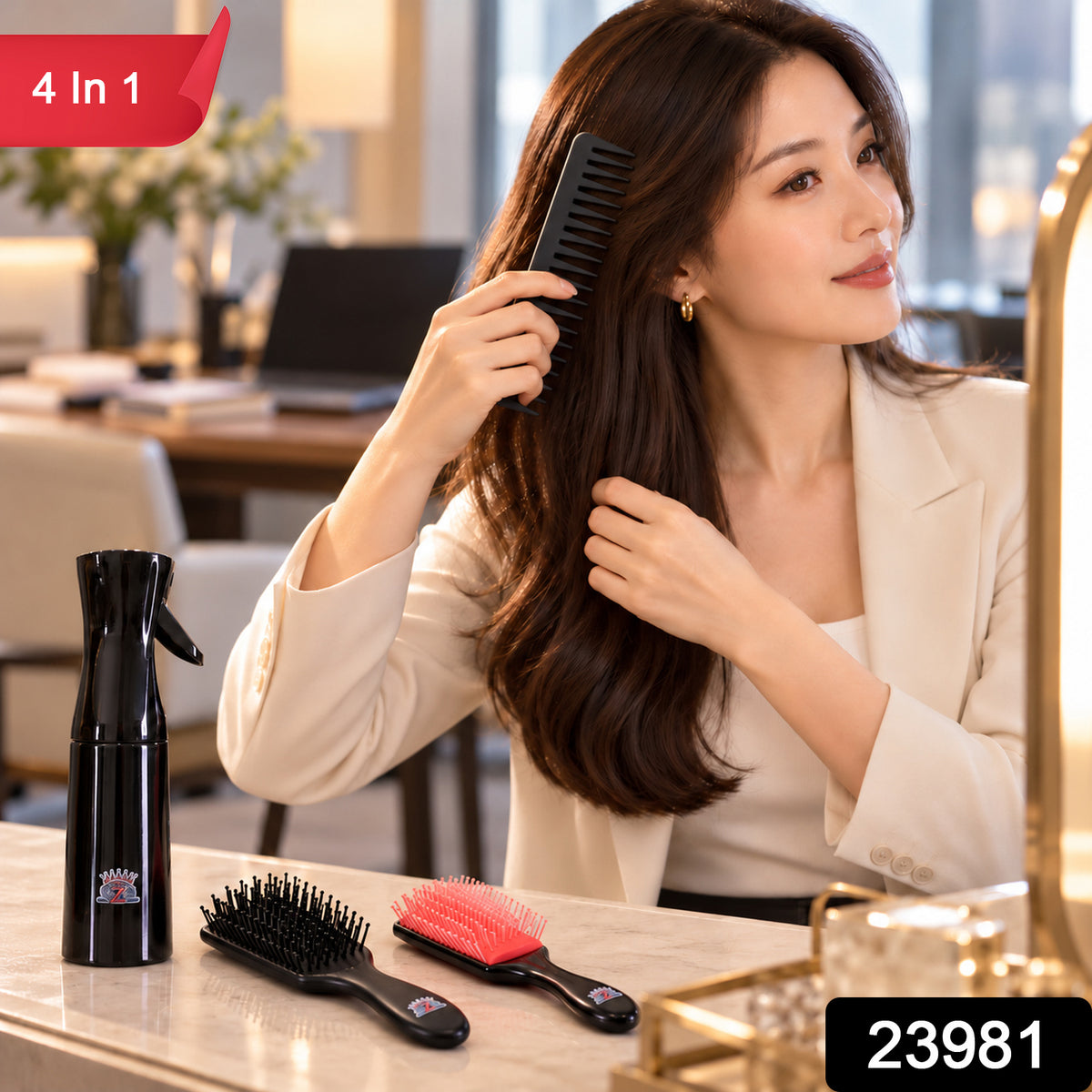 Four in one hair grooming set with spray bottle brushes and wide tooth comb sku