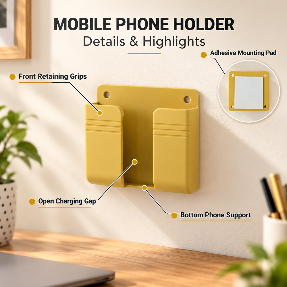 Wall mounted mobile phone holder with adhesive pad 8