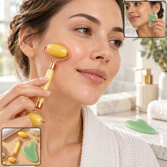 Double-ended facial roller used on cheek