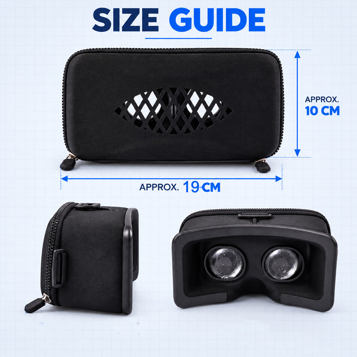 VR headset size guide showing approximately 19 cm width and 10 cm height