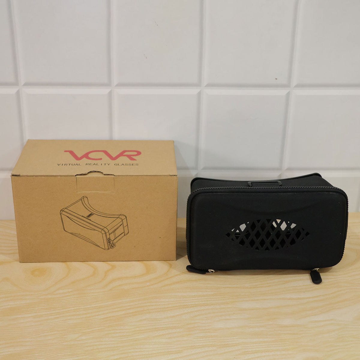 Actual virtual reality headset with brown packaging box