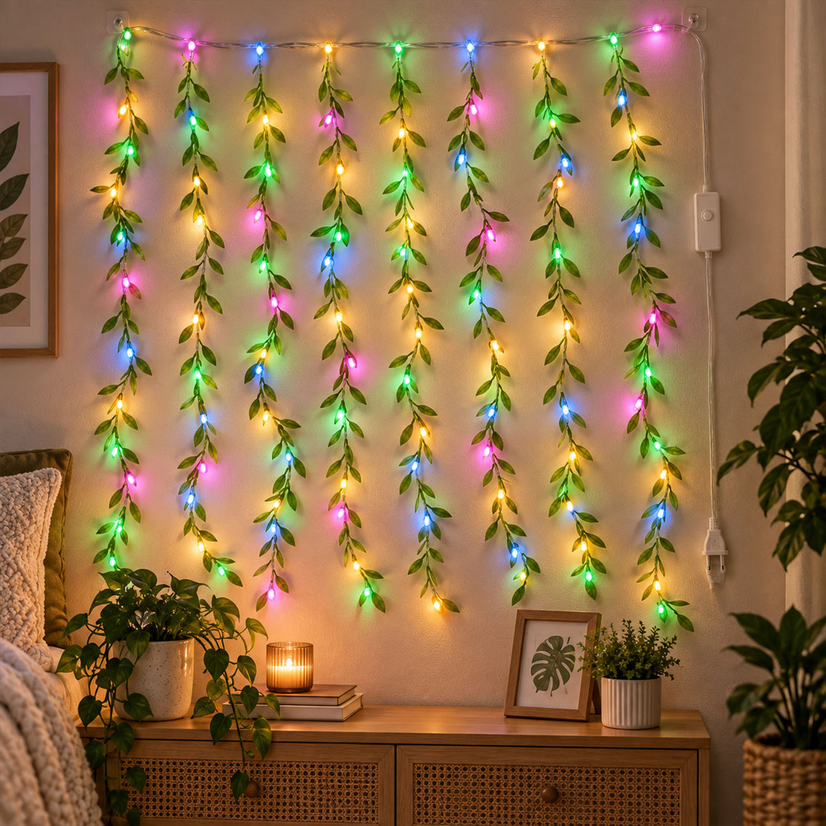Multicolor LED curtain light with decorative leaf strands - view 01