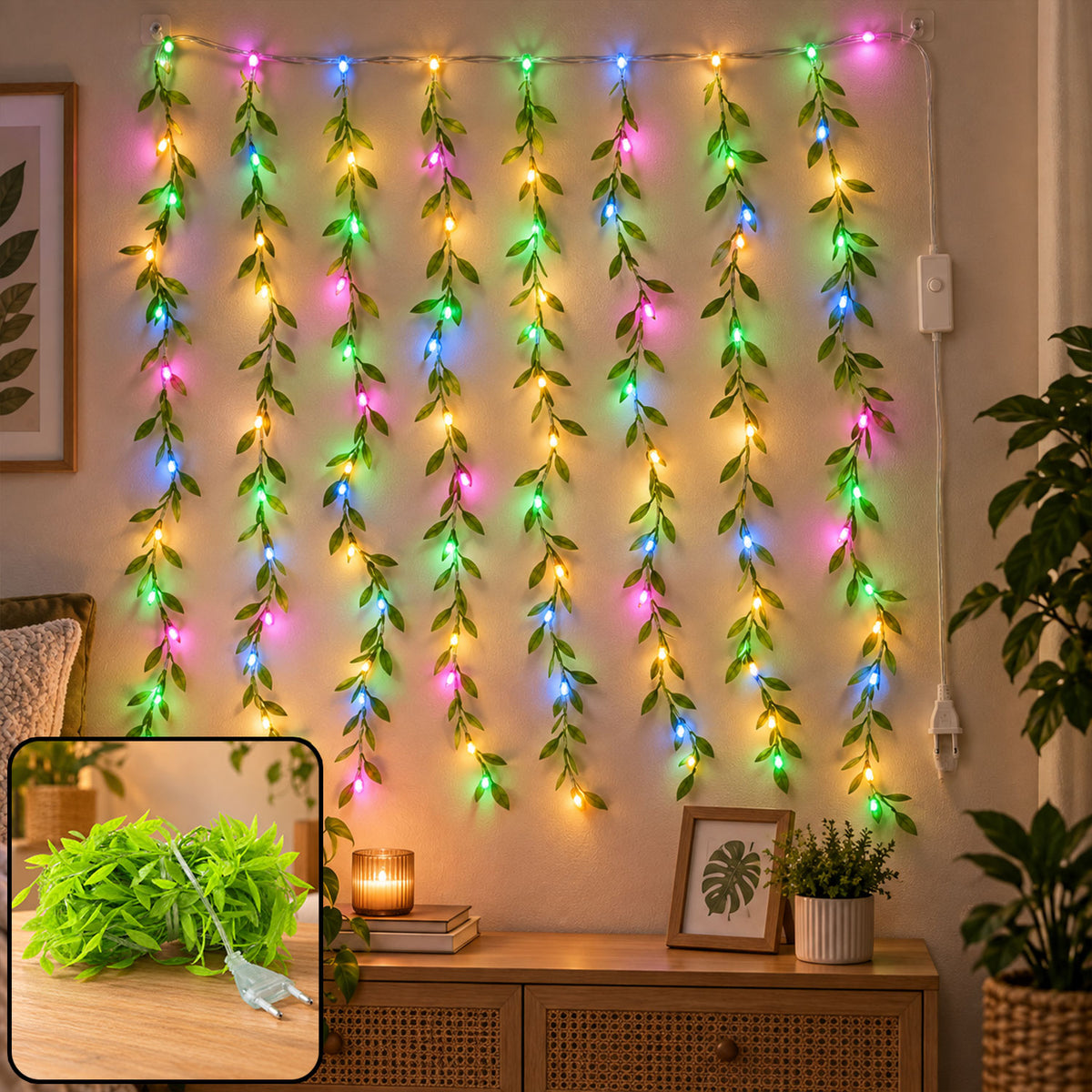 Multicolor LED curtain light with decorative leaf strands - view 02