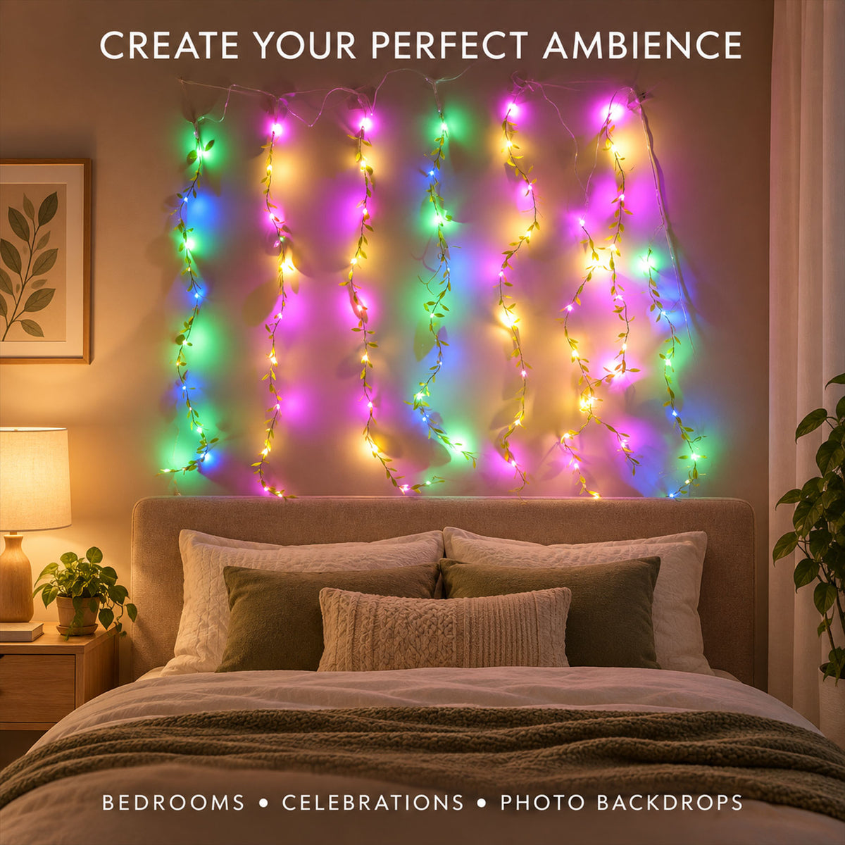 Multicolor LED curtain light with decorative leaf strands - view 03