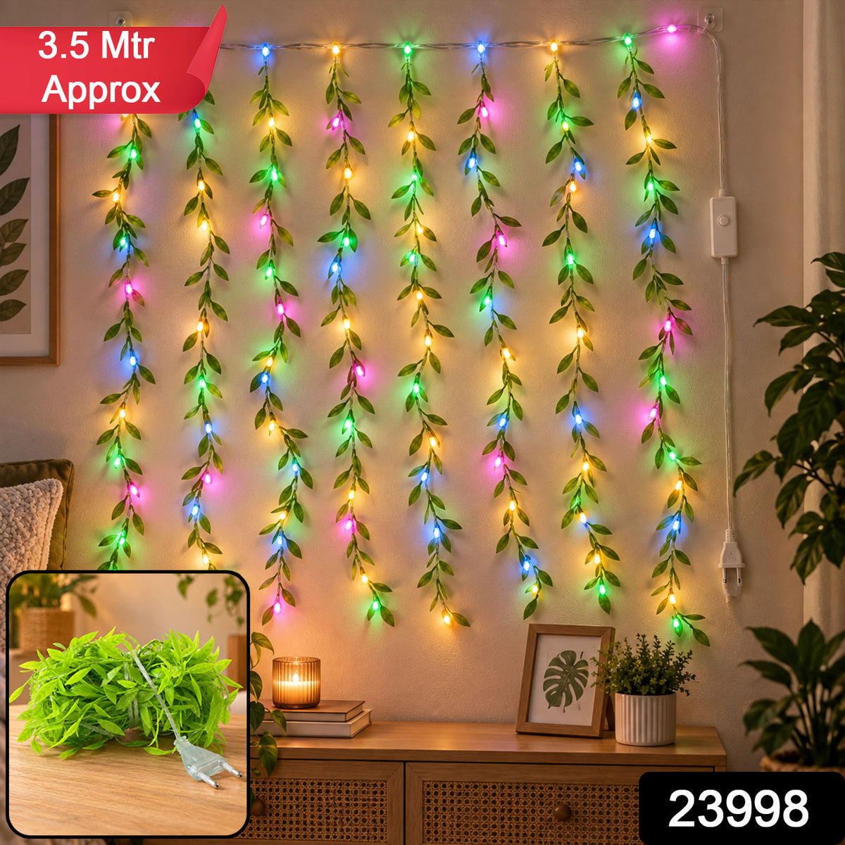 Decorative leaf LED curtain light with product code 23998 and approximate 3.5 metre label
