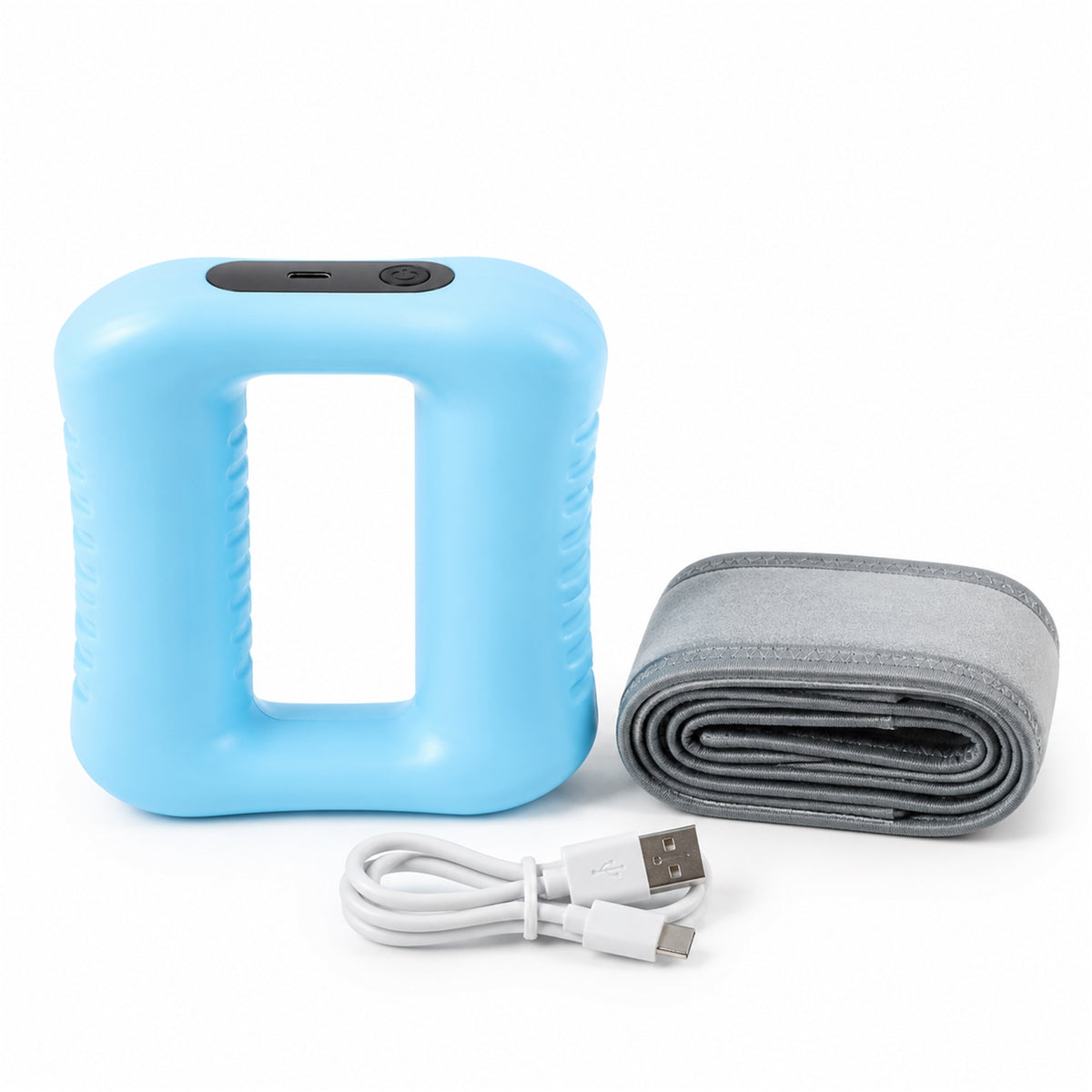 Ring massager strap and USB cable on white background