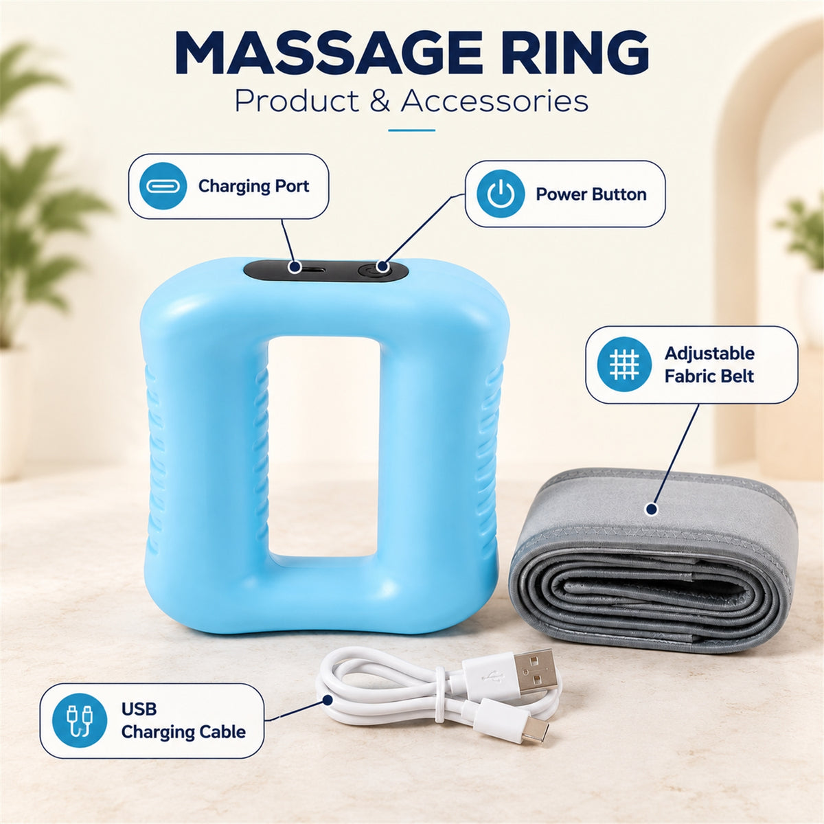 Ring massager controls charging port and accessories