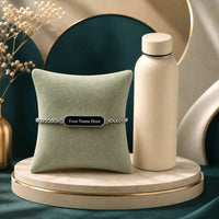 Personalized Name Engraved Silver Rakhi & Cream Steel Water Bottle Combo Gift Bhai
