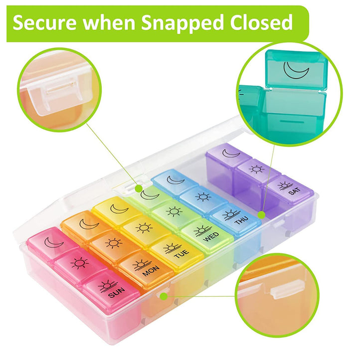 पिल बॉक्स 7 दिन साप्ताहिक दवा आयोजक दैनिक योजनाकार पोर्टेबल यात्रा कंटेनर धारक विटामिन और पूरक के लिए नमी-प्रूफ डिब्बे पॉकेट पर्स के लिए केस उपयोग करने में आसान BPA मुक्त (21 ग्रिड)