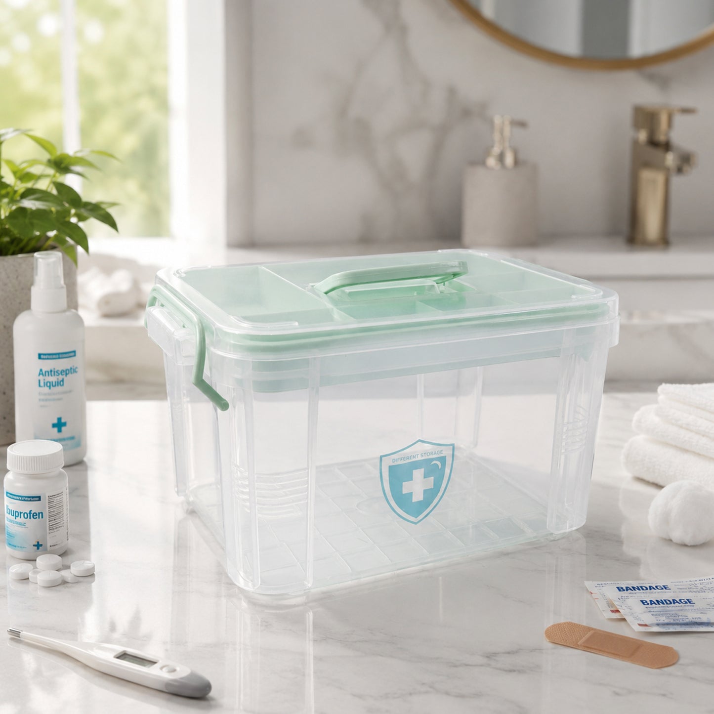 Clear plastic first aid kit storage box closed