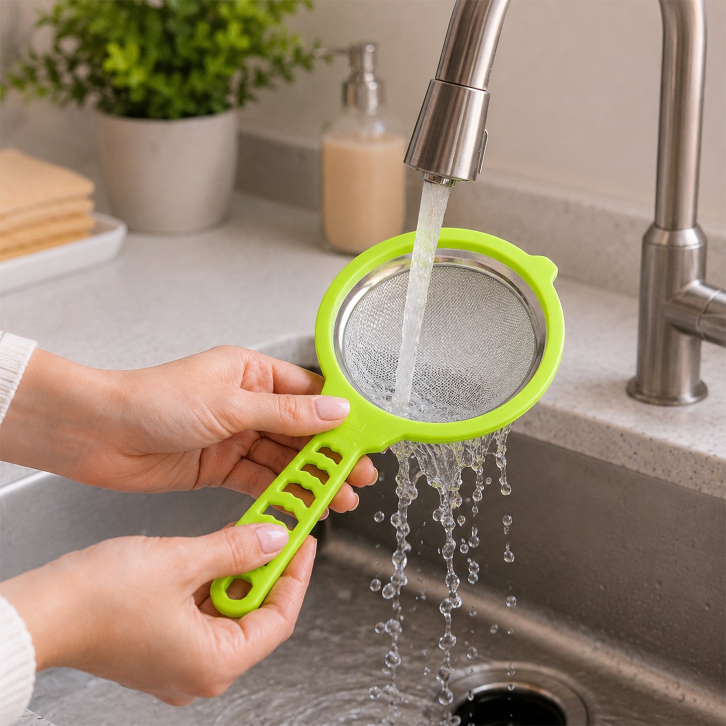 Mesh kitchen strainer being rinsed under tap