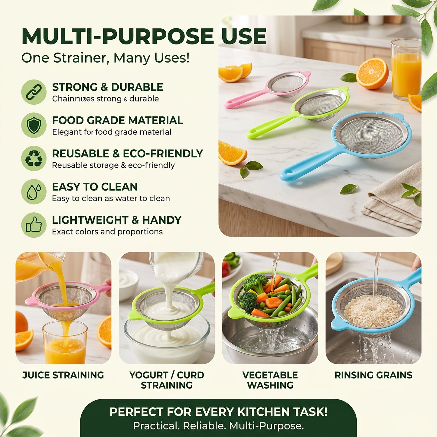 Multipurpose mesh strainer set for kitchen filtering