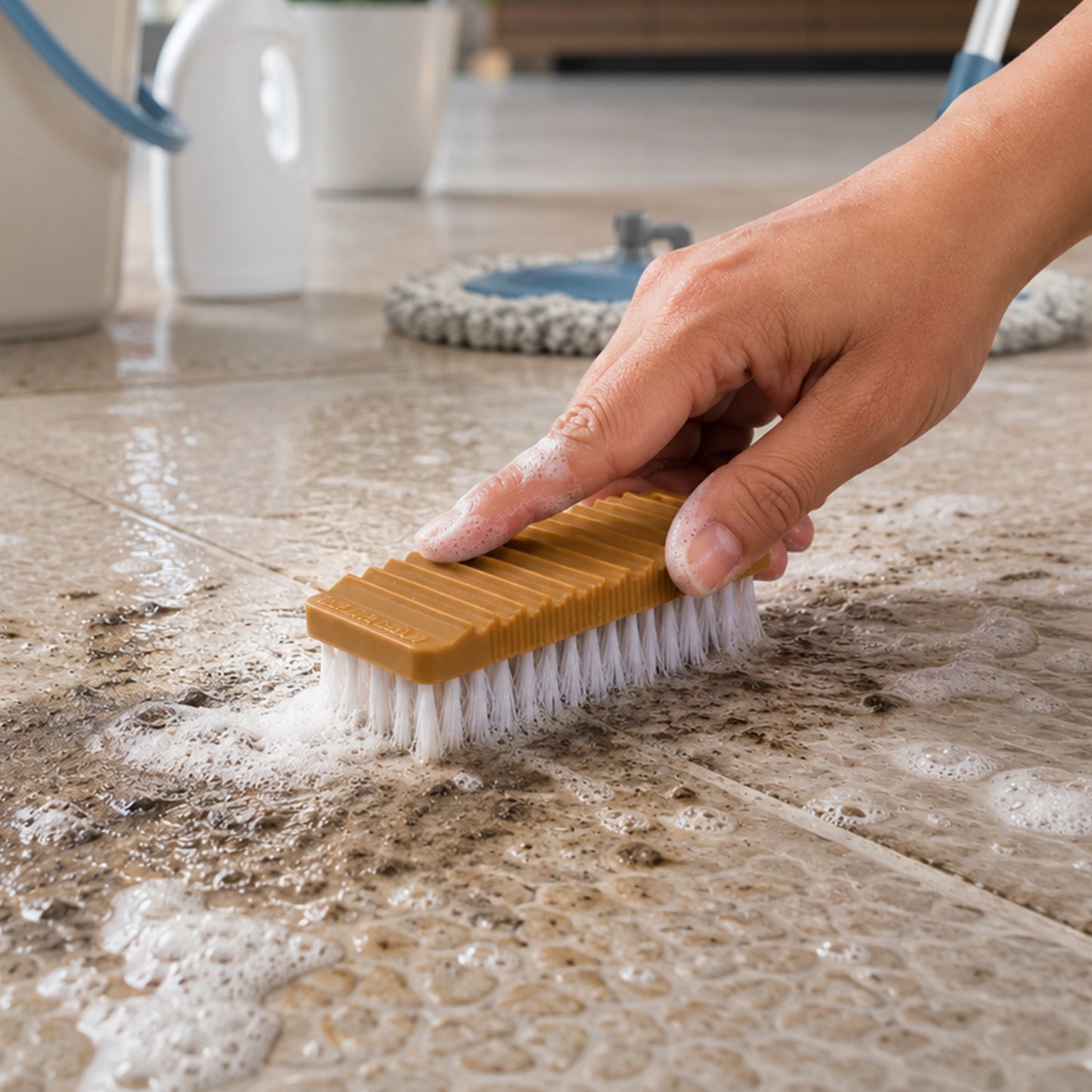 Cleaning brush scrubbing tiled floor