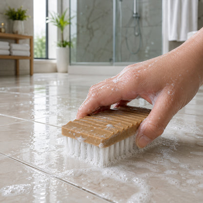 Handheld brush cleaning bathroom surface