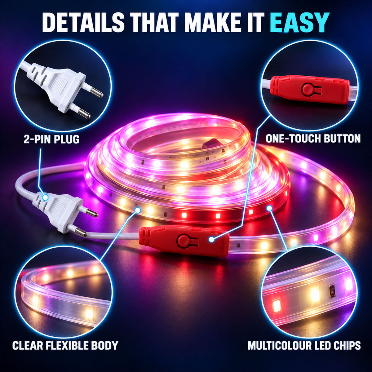 Rope light plug inline button and flexible body