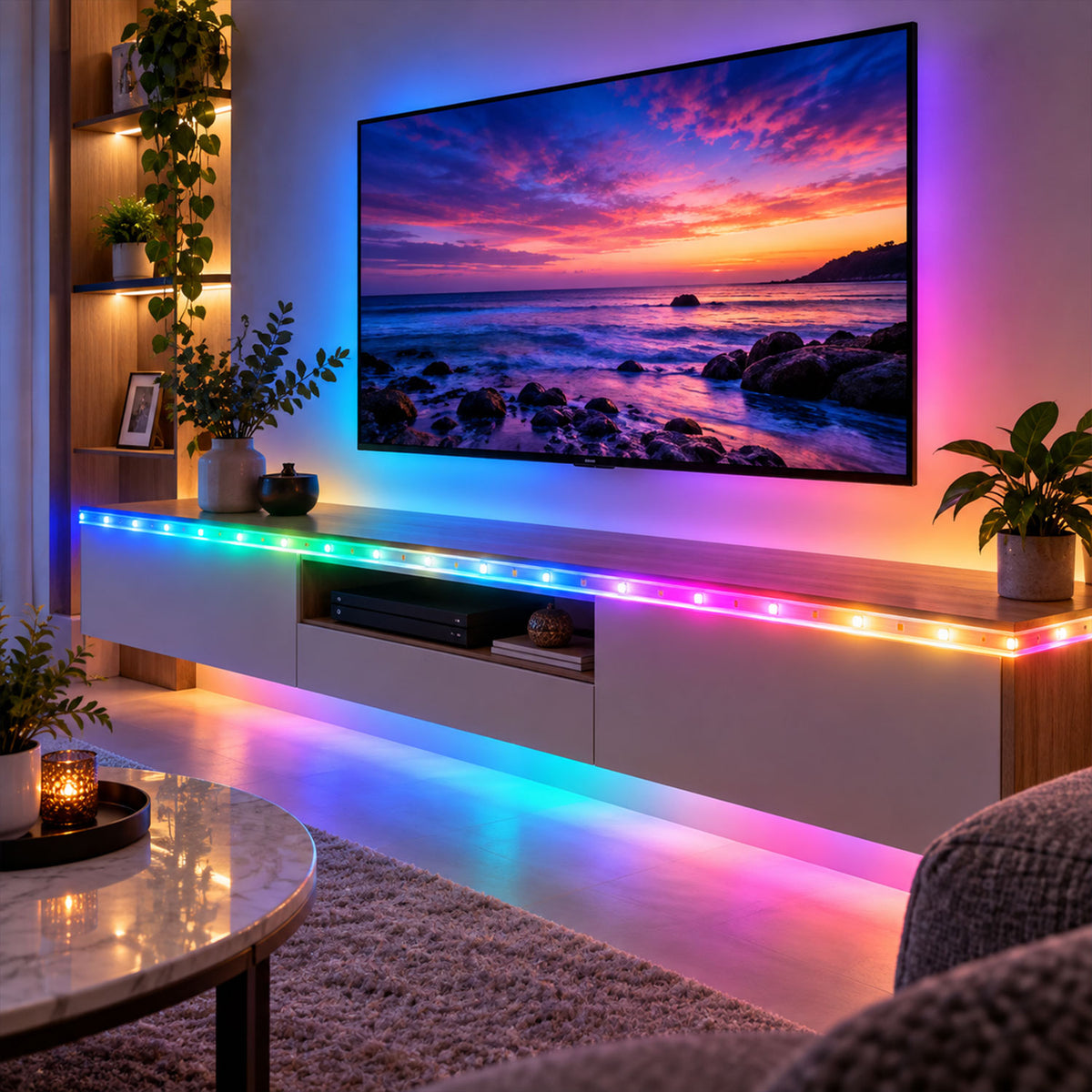 RGB rope lighting around television area