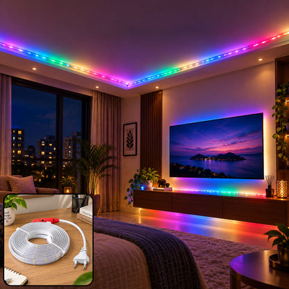 Decorative rope light room setup and product inset