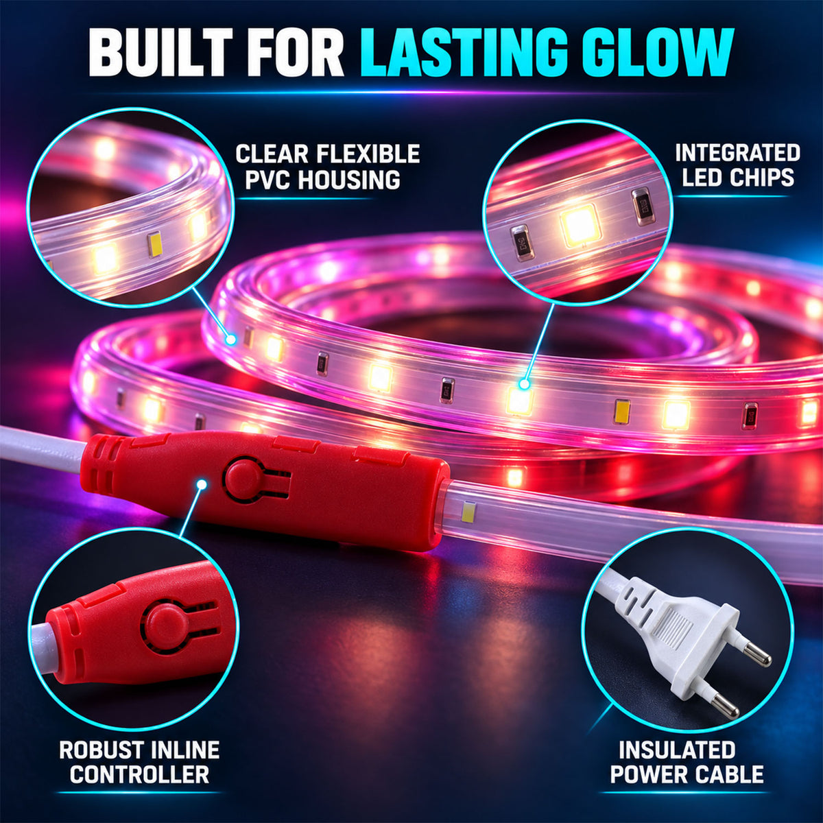 LED rope light housing controller and cable details