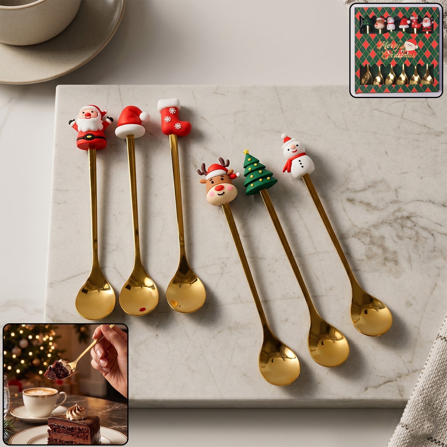 Golden Cartoon Spoon Set with Gift Box Steel Dessert Coffee Tea Spoons (6 Pc Set)