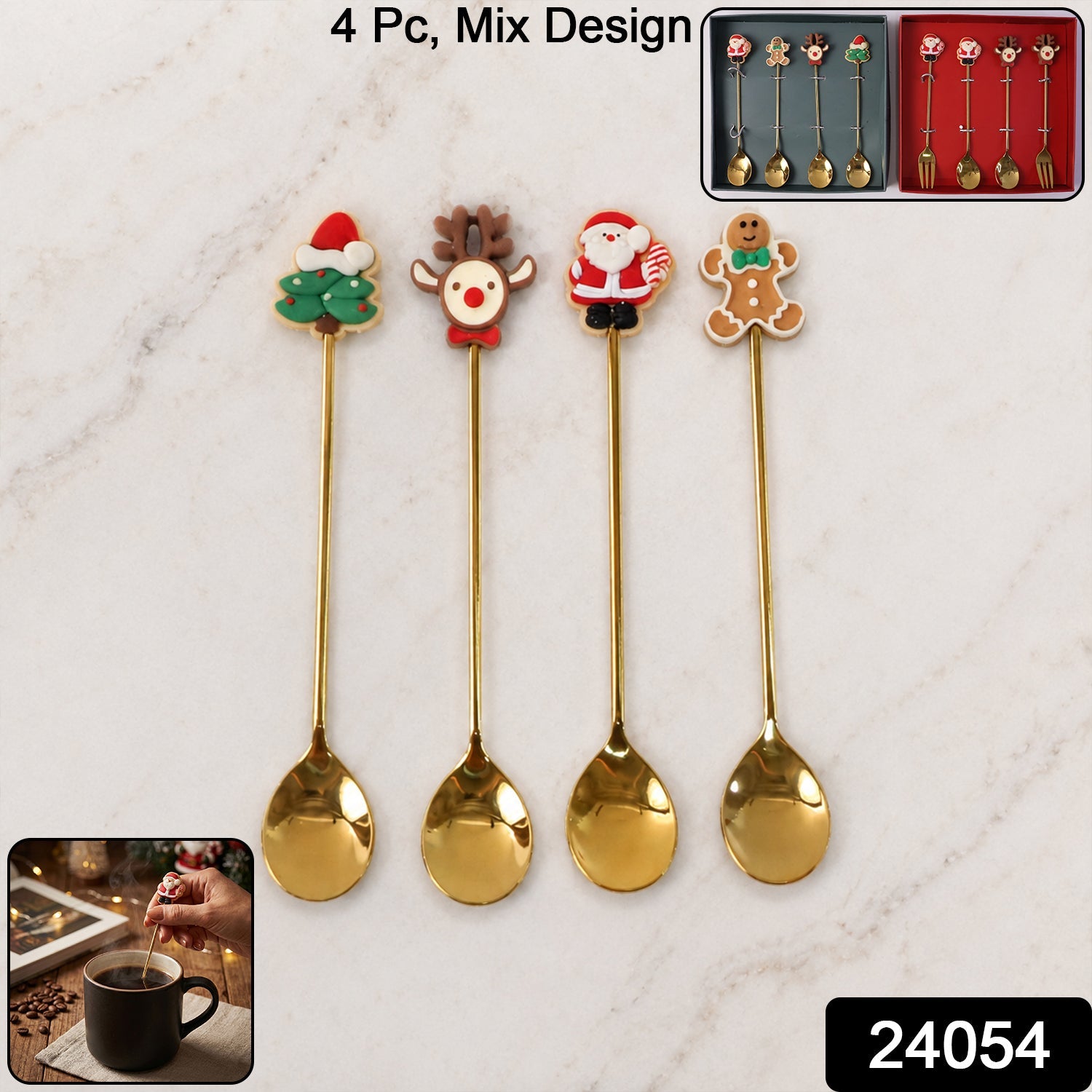 Mix Golden Cartoon Spoon Set with Gift Box Steel Dessert Coffee Tea Spoons (4 Pc Set)